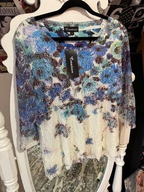 Creation Floral Lace Knit Blouse in Blue and Cream